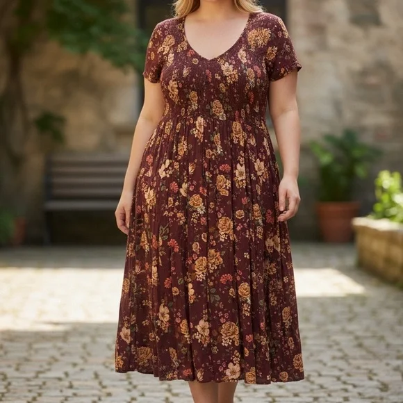 Torrid Floral Smocked Midi Dress Size 1 (1X 14/16) | Burgundy Fall Boho | EUC - Picture 2 of 4